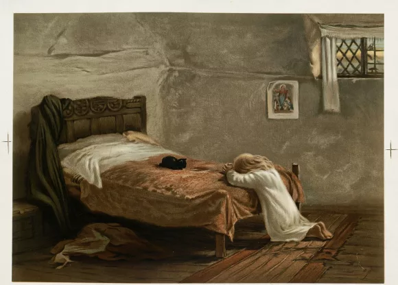 artwork of a person kneeling by their bed in prayer; a picture of Jesus Christ hangs in the background, while a black cat watches while resting on the bed