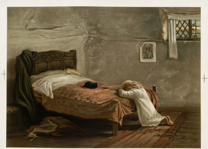 artwork of a person kneeling by their bed in prayer; a picture of Jesus Christ hangs in the background, while a black cat watches while resting on the bed