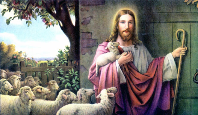 A painting by Josef Untersberger of Jesus depicted as the good shepherd. He is knocking at a door while holding a lamb, with twelve sheep at his side.